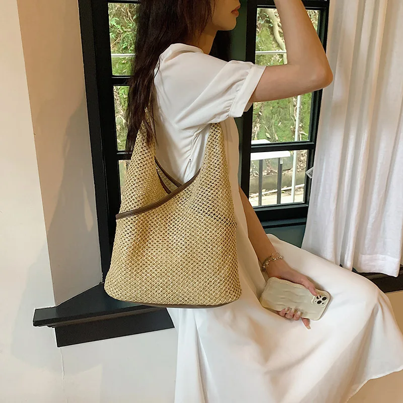 Женская плетеная сумка ручной работы пляжная сумка-мешок через плечо в стиле