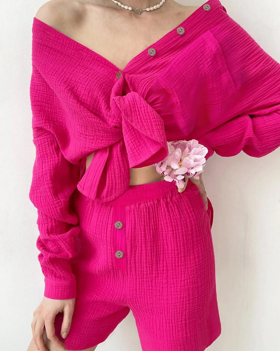 

Casual Summer Home Suit with Long Shorts 100% Cotton Long Sleeve Top Two-piece Suit Female Elegant 2 Piece Sets Women Outfit