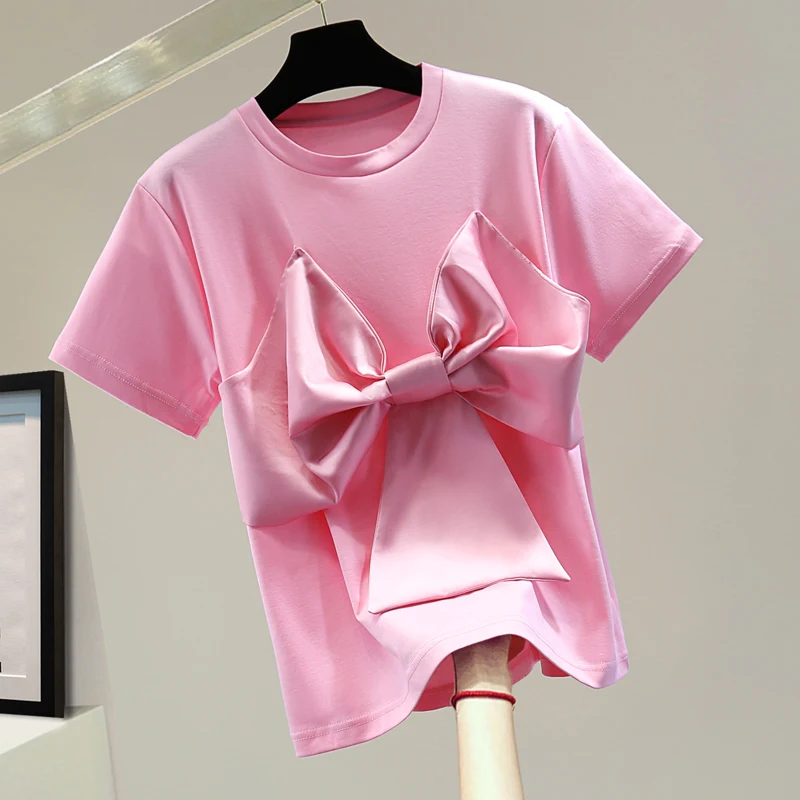 

Bow Patchwork Short-Sleeved T-shirt 2022 Spring Summer New Loose Casual T-shirts Girls Students Yellow T Shirt Womens Tee Tshirt