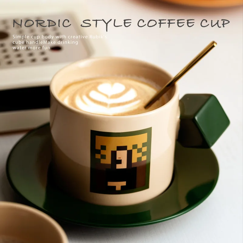 

Mug, Pixel Art, Literary Vintage, Creative Ceramic Coffee Cup, Saucer Set, High Value Home Water Cup