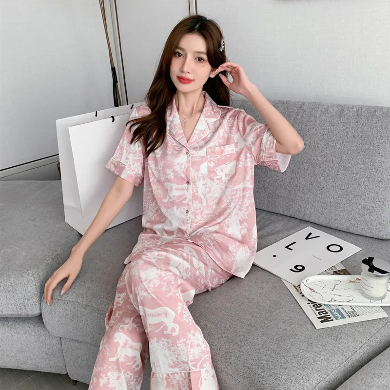 2022 New Printing High Quality Summer Women's Pajamas Set Ice Silk Like Sleepwear Casual Fashion Female  Luxury Homewear