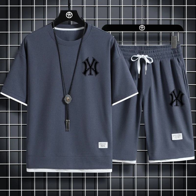 2023 Summer men;s two-piece linen fabric casual T-shirt + shorts suit men's sports suit fashion short-sleeved sportswear