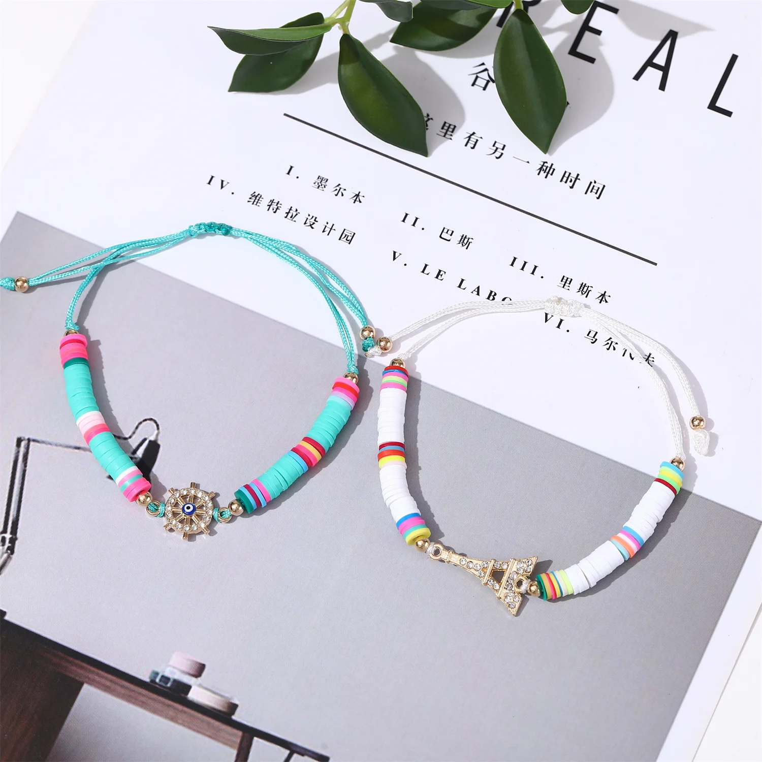 12pcs/lot Shiny Crystal Turtle Heart Bracelets for Women Child Soft Clay Adjustable Charms Rope Chain Anklets Boho Girl Jewelry images - 6