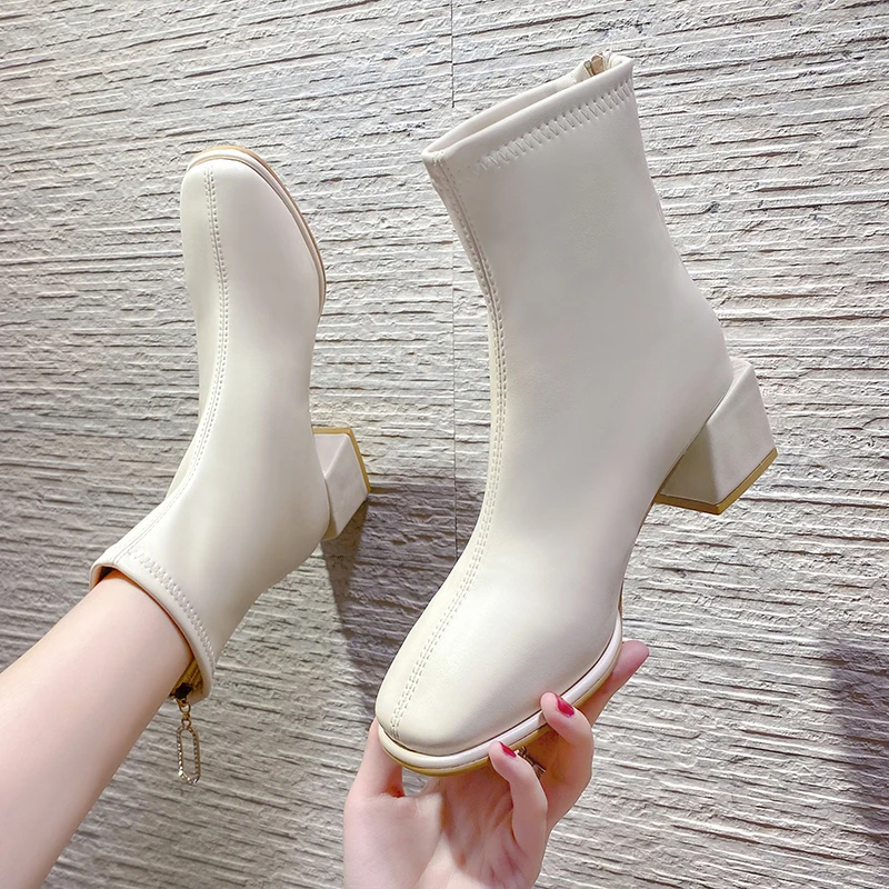 

Luxury Brand Women Beige 7cm Block High Heels Ankle Boots 2020 Winter Female Square Toe Chelsea Boots High Quality Short Boots