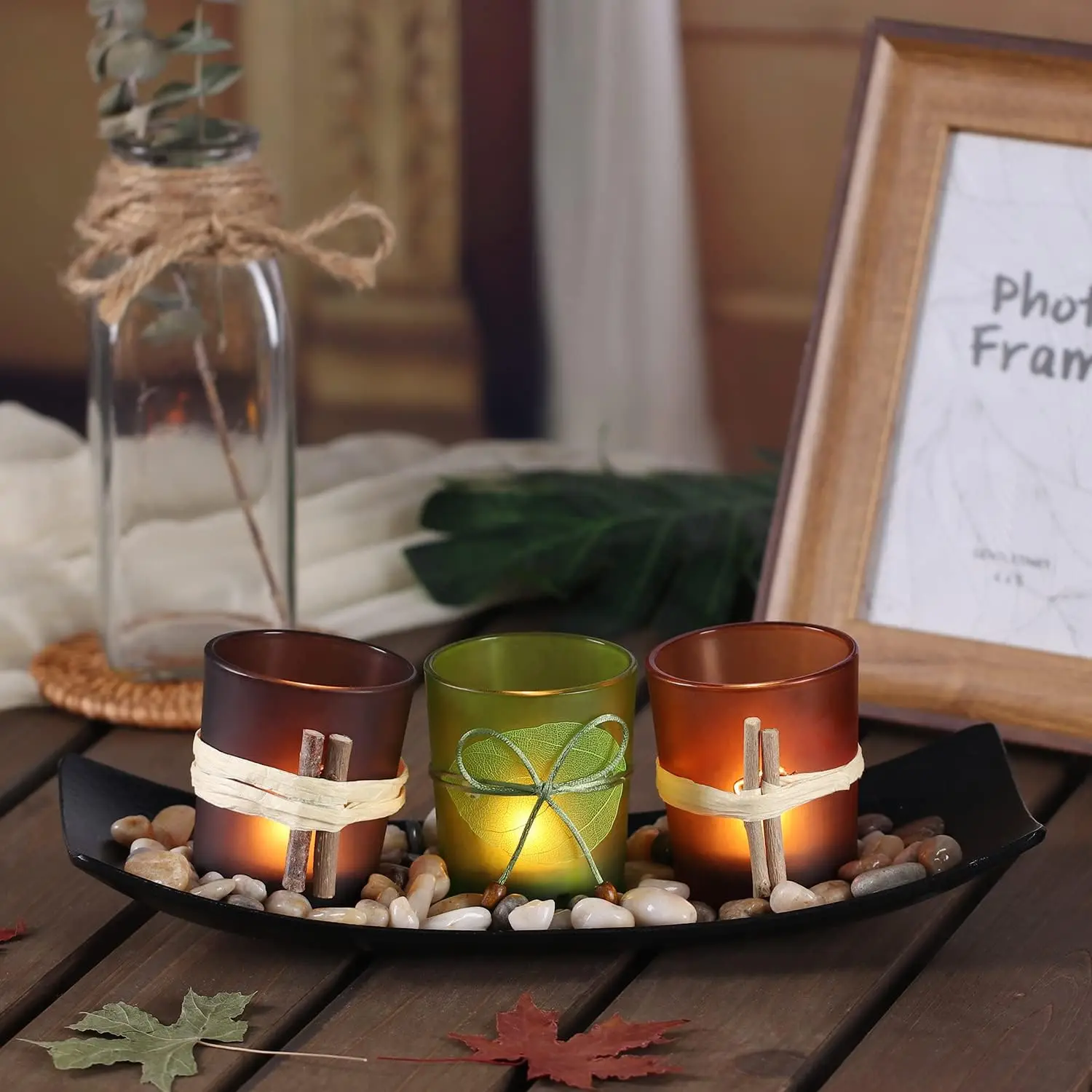 With Rock And Tray, Vintage Candle Holder 3-piece Set, Natur