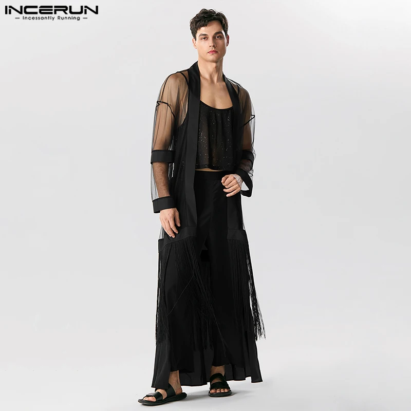 

INCERUN Men Shirt Mesh Patchwork Tassel Irregular Cardigan Open Stitch Long Sleeve Outerwear Streetwear 2023 Transparent Camisas