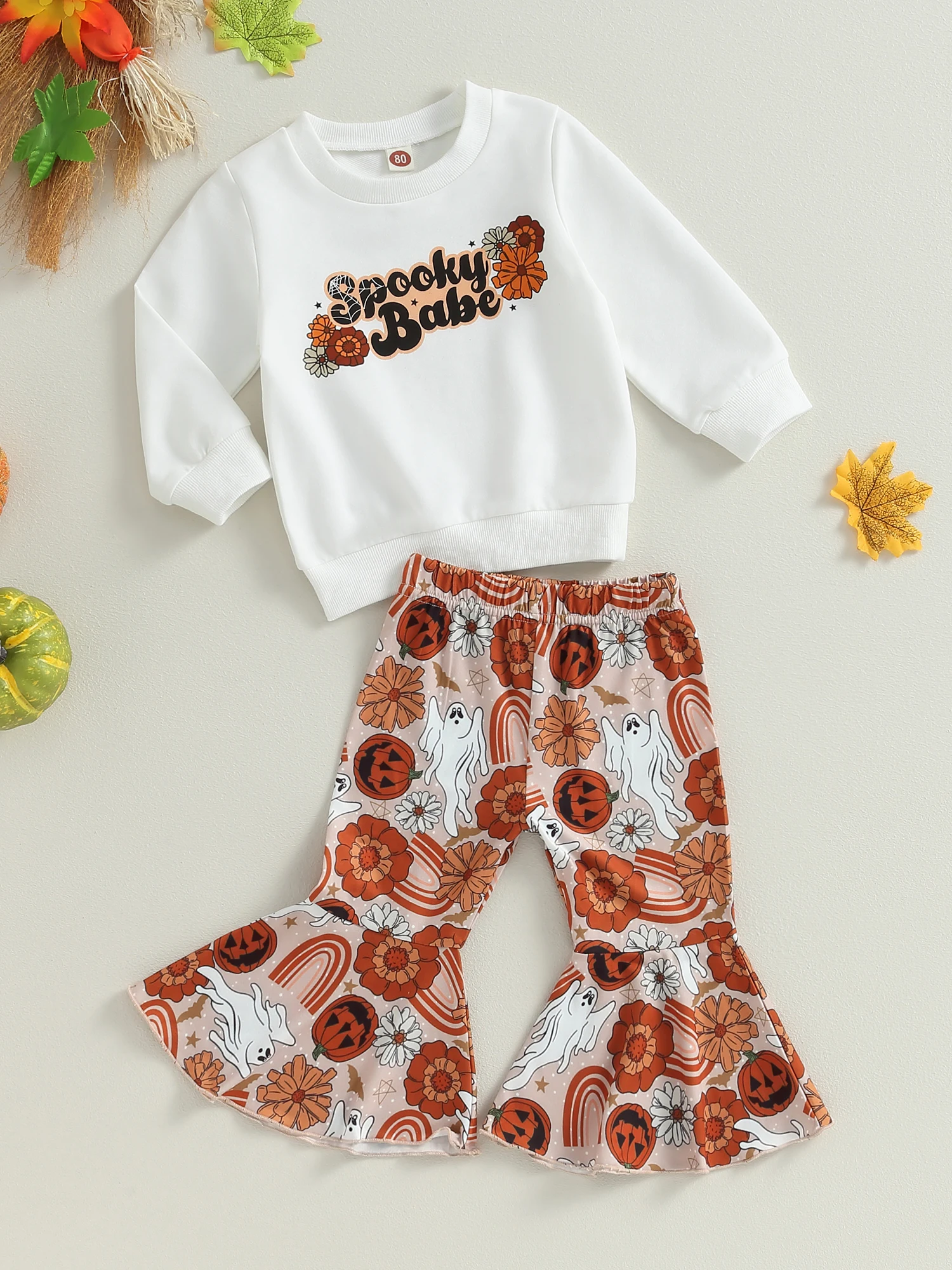 

Adorable 2PCS Toddler Baby Girl Halloween Outfit with Long Sleeve Pullover Sweatshirt Top and Flare Pants for Fall Winter Season
