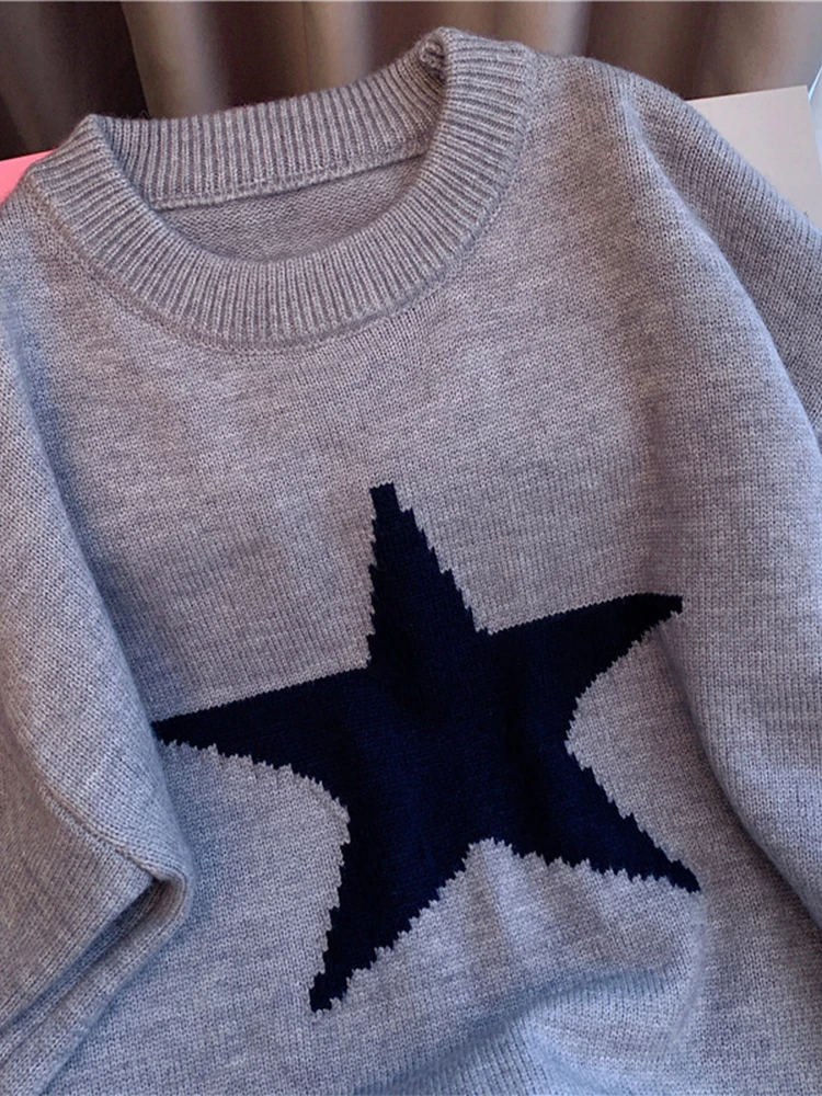 Женский серый пуловер со звездами свитер в стиле Харадзюку корейский