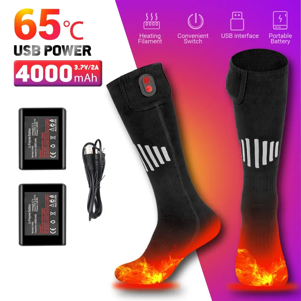 

Ski Outdoor Warmth USB Rechargeable 65℃ Heating Socks 4000mAh Heated Boots Snowmobile Skiing Sock Camping Winter Heated Socks