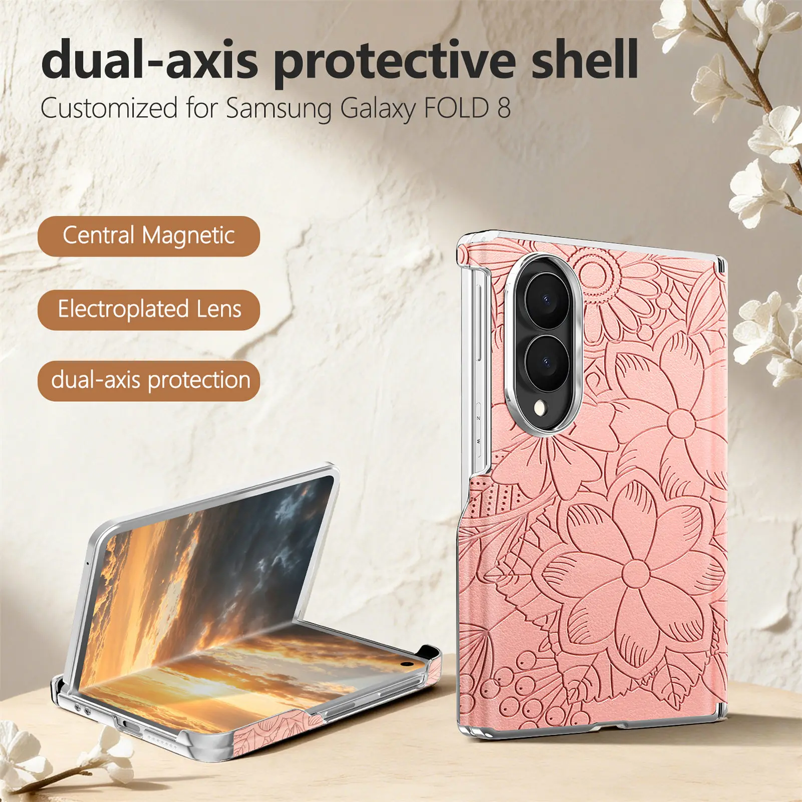 Фото ‌ Модный кожаный чехол с магнитной застежкой и тиснением для Samsung Z Fold 8, ударопрочный, с защитой центральной оси, совместимый с MagSafe ‌   Тонкий чехол №2