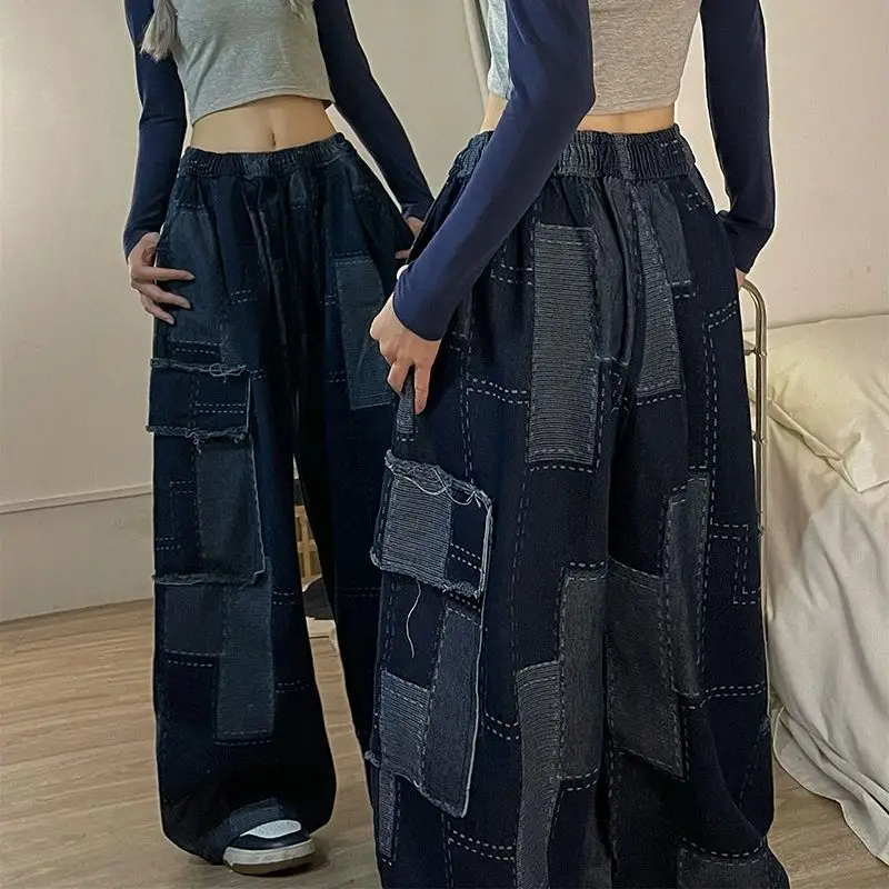 Woman Jeans Japanese Chic Wide Leg Pants Vintage Patchwork Plaid Pocket Trousers Streetwear Y2k Clothes Pantalon 2022 New