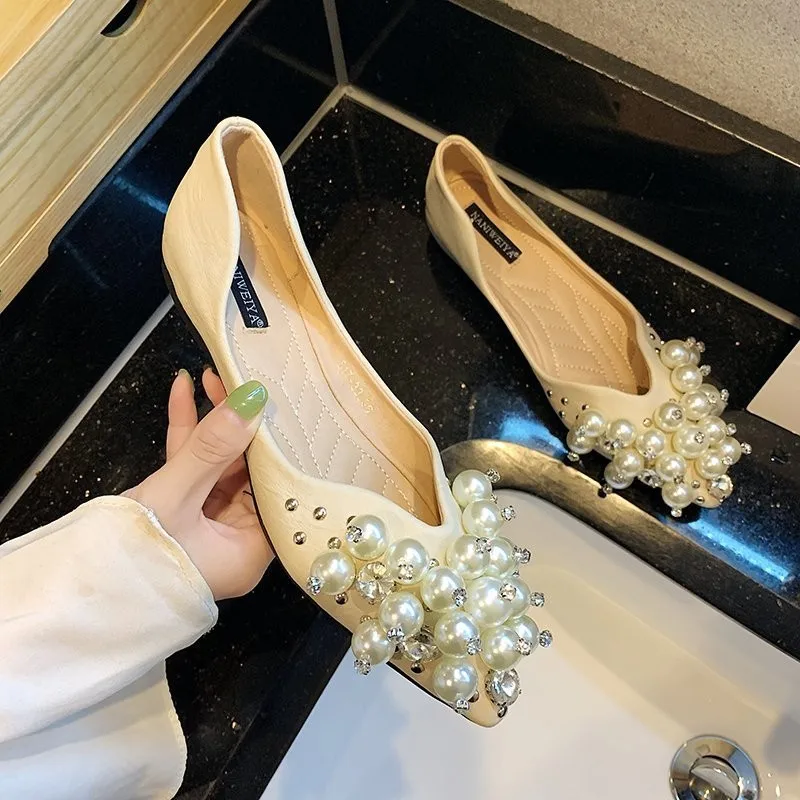 2023 New Pearl Pointed Toe Shallow Women Shoes Zapatos De Mujer Spring Casual Shoe PU Leather Slip on Basic Flats Casual