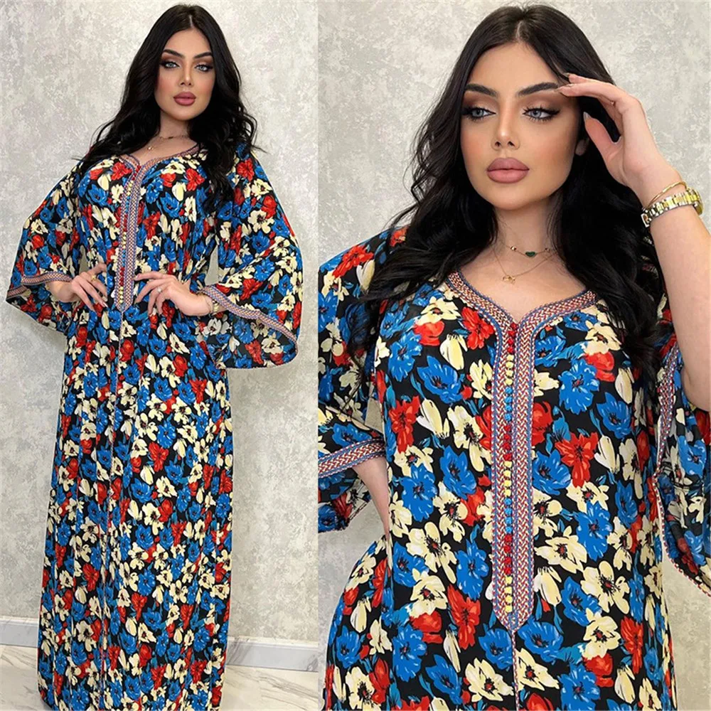

Ethnic Floral Print Muslim Hijab Dress Moroccan Kaftan Maxi Robe Islamic Turkey Middle East Dubai Abaya Arabic Jalabiya Ramadan