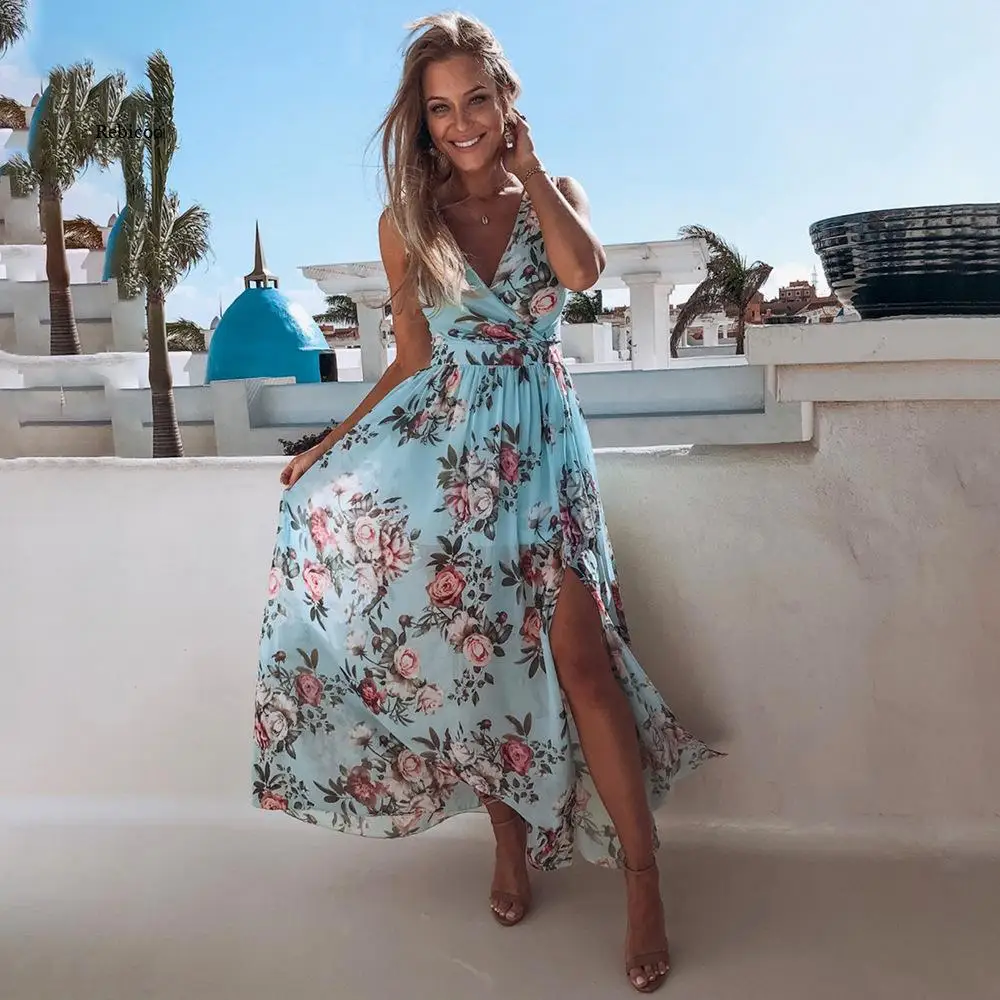 

2022 Summer Boho Floral Split Chiffon Dress Women Casual Fashion Sexy V-Neck Sleeveless Zipper Beach Vacation Dress Femme