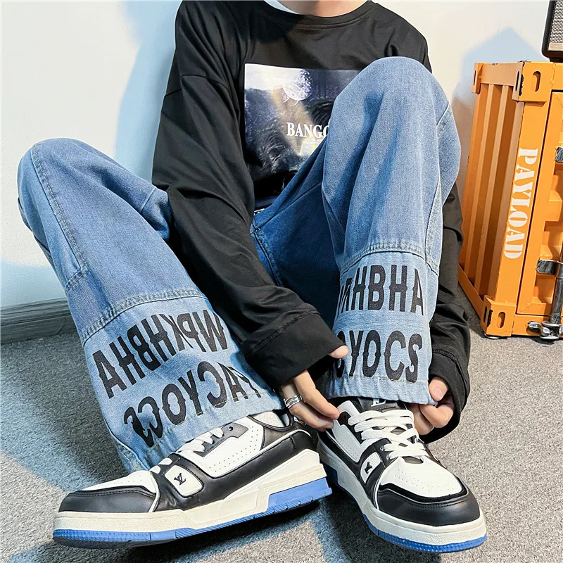 

Cuff Letter Print Bronzing Jeans Harajuku Streetwear Straight Vintage Casual Denim Pants Mens Baggy Washed Jean Pants