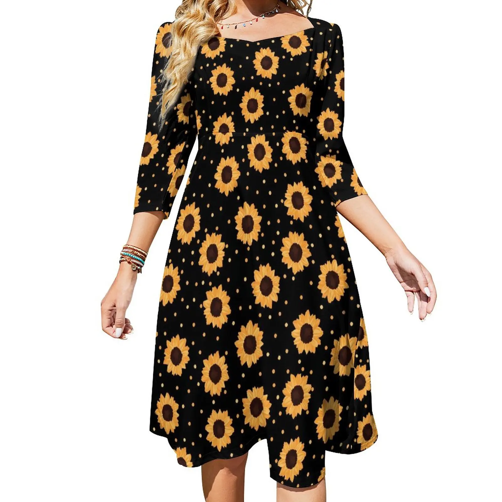 

Sunflower Casual Dress Female Polka Dots Aesthetic Dresses Kawaii Dress With Bow Summer Big Size Clothing