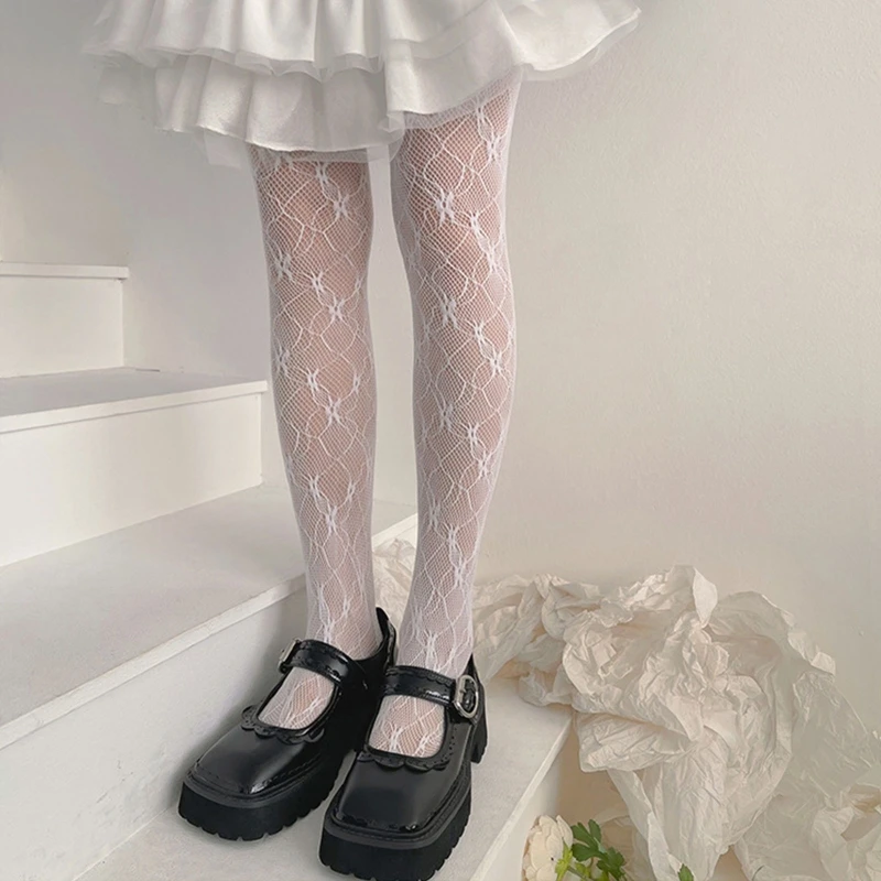 

Women Lolita Little Floral Lace Pantyhose Diamond Plaid Jacquard Patterned Fishnet Tights Sexy See Through Mesh Stocking