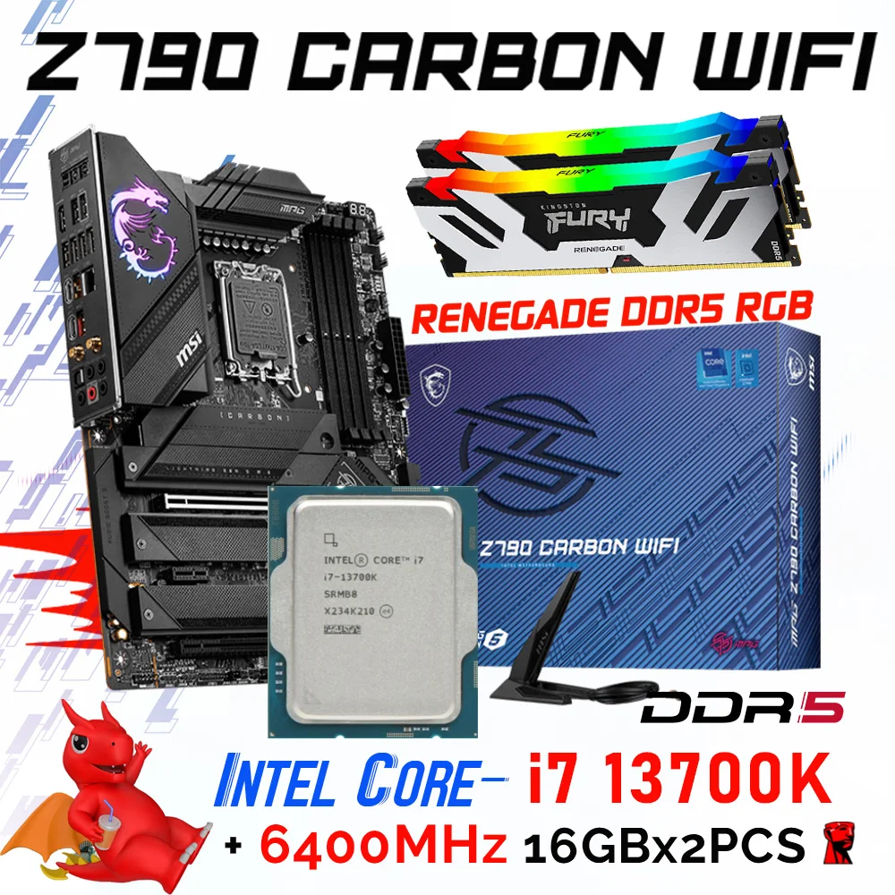

MSI Z790 CARBON WIFI Z790 Motherboard Combo i7 Intel Core i7 13700K LGA 1700 Processor Kit DDR5 Memory Kingston 6400MHz 32GB RGB