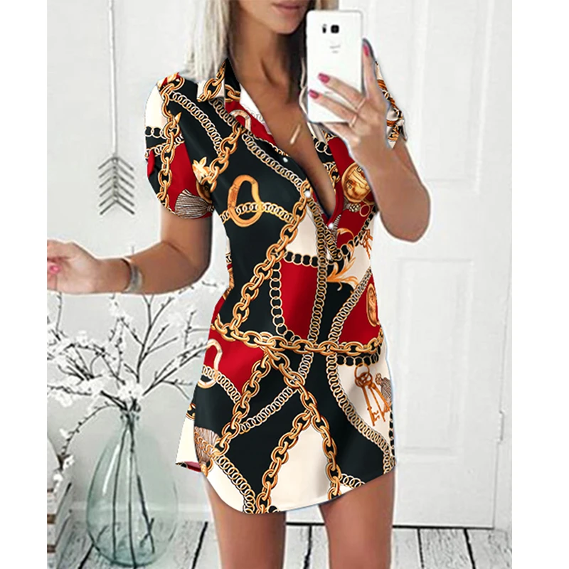 

Summer Women Fashion Sexy Daily Wear Turn-down Collar Casual Chic Short Sleeve Scarf Chain Print Button Front Shirt Dress
