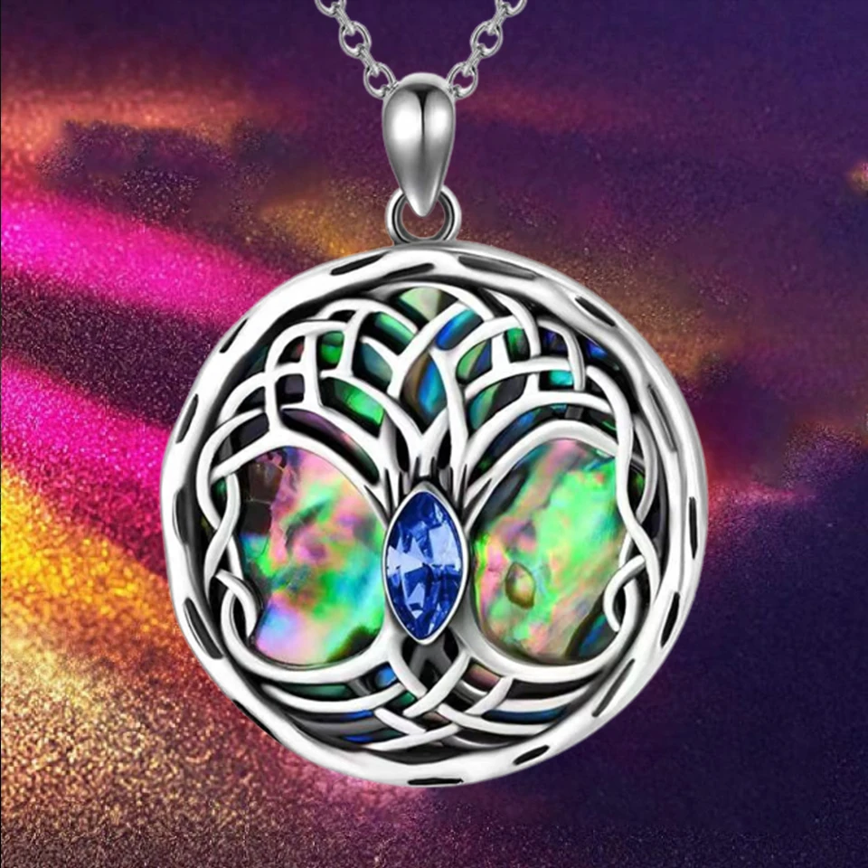 

Celtic Tree of Life Necklace for Women Family Tree Abalone Shell Sapphire Pendant Birthday Mother's Day Gift AnniversaryColgante