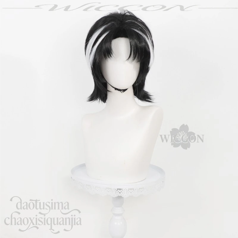 Фото Короткий черный парик Handsome Rien Cos Hair Limbus Company с белыми прядями, синтетический парик для костюма на Хэллоуин №1