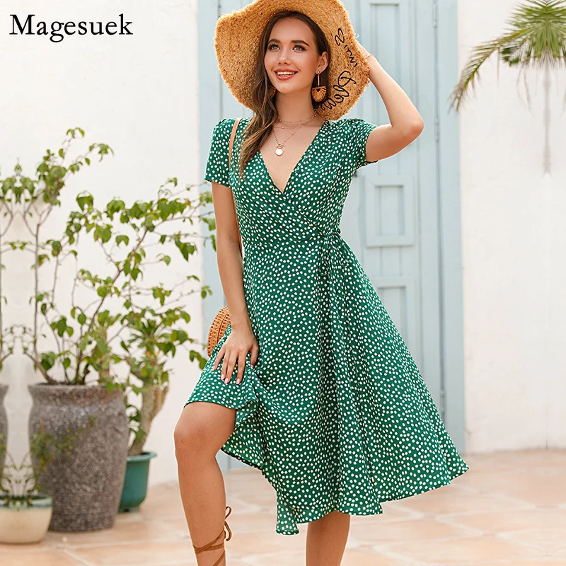 

Polka Dot V-neck Printed Chiffon Dress Women Summer Green A-Line Casual Dresses Women Short Sleeve Midi Dress Female Robes 18747