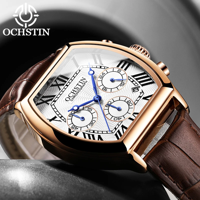 Фото Мужские кварцевые часы OCHSTIN Commander Series с прямоугольным корпусом, многофункциональные, с ремешком из натуральной кожи, для повседневной носки и активного отдыха №2