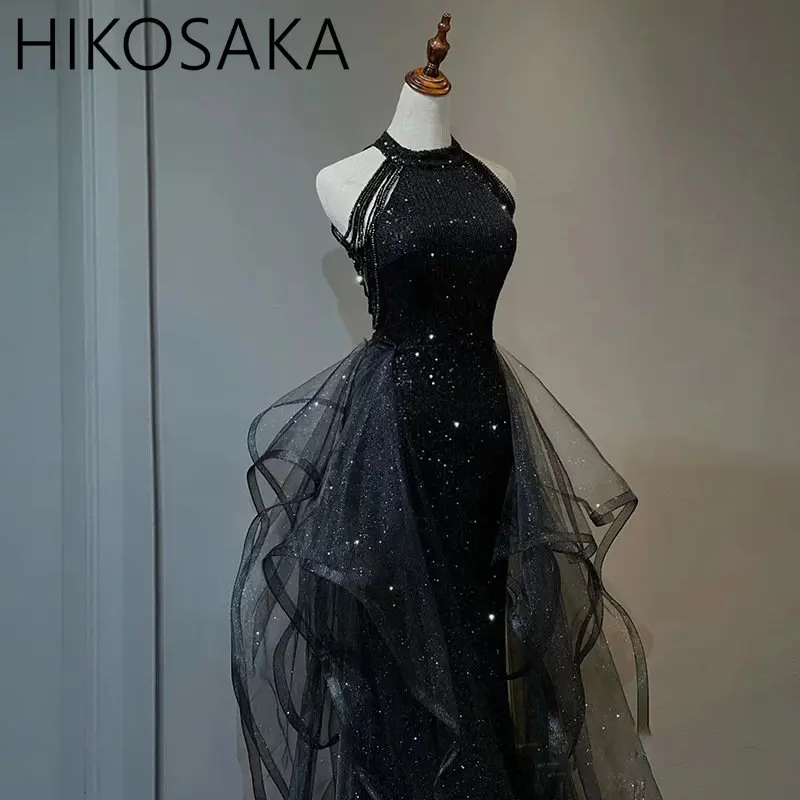 

Black Sequin Mesh Patchwork Evening Dress Sexy Halter Strapless Trailing Party Dress Fashion Elegant Wedding Formal Prom Gowns