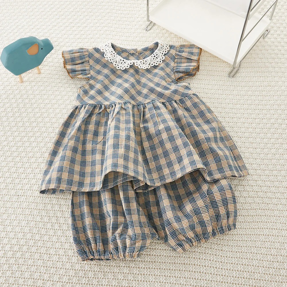 Yg Summer New Girls' Plaid Shorts Set Small Flying Sleeve Doll Collar Baby Girl Set Girls' Clothing Newborn Set