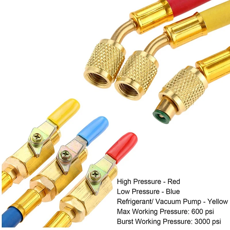 

R134A R410A R22 R12 Charging Hoses And Ball Valve Kit Coded Hoses Ball Valve 1/4Inch SAE Thread For AC HVAC Maintenance