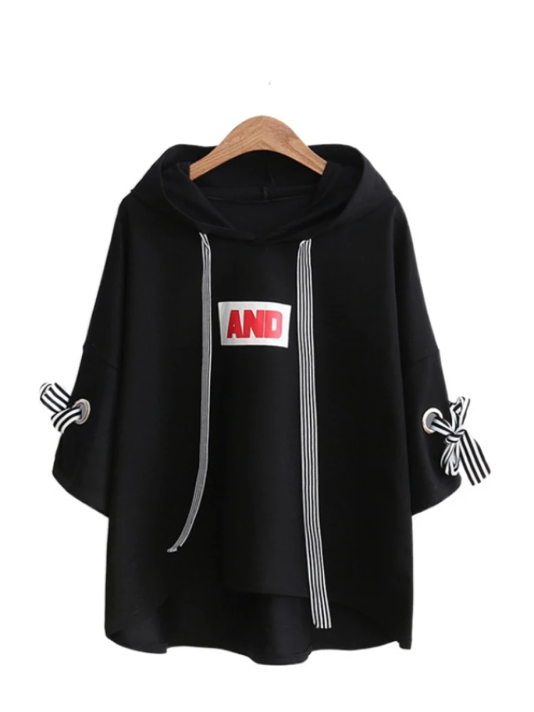 

Women Hoodies Letter AND Print Casual Hoodes Sweatshirt 2022 Spring Short Sleeve Vintage Korean Ladies Daily Cotton Tops