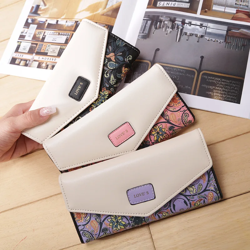 Cross-border Korean version of foreign trade small floral rhombic contrast envelope buckle ladies purse long purse with foreskin