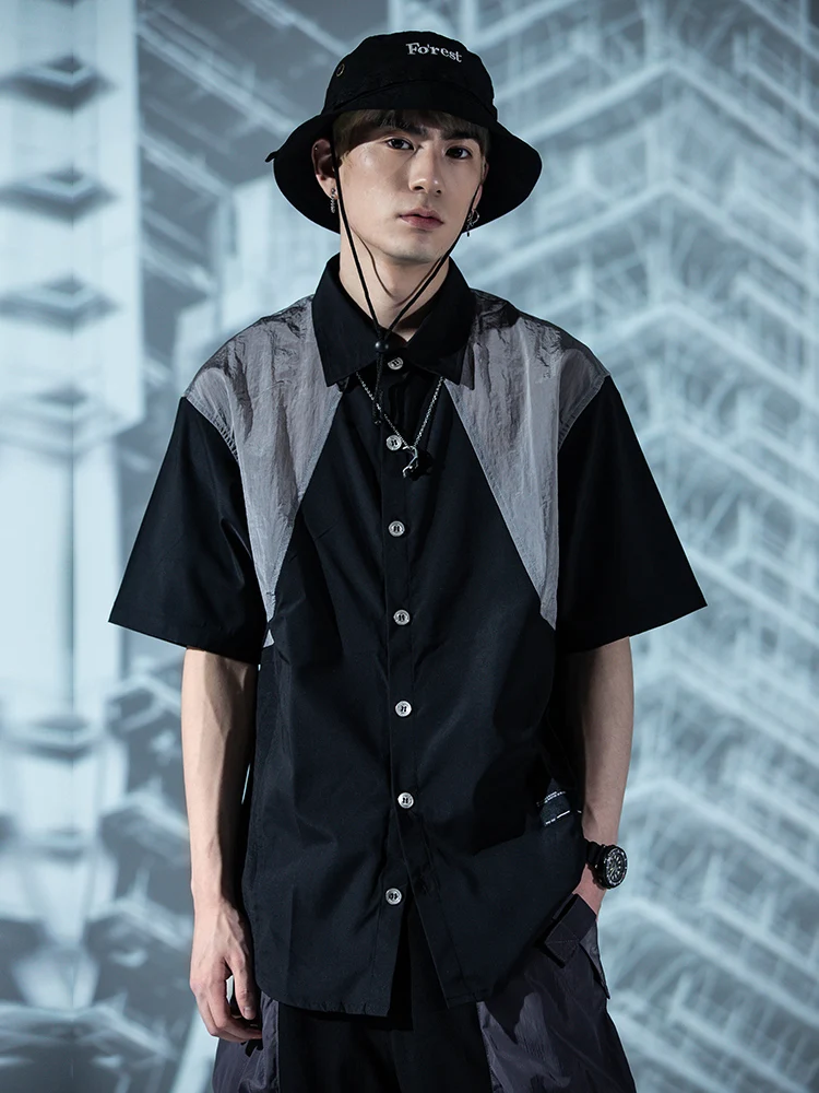 ENSHADOWER Unisex fashion streetwear cyberpunk metal nylon splicing shirts minimalism summer tops