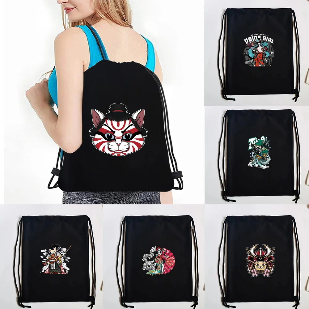 Drawstring Backpack Casual Lady Girls Shopping Bag Portable Quality Trendy Simple Backpack Samurai Print Linen Storage Bags 2023