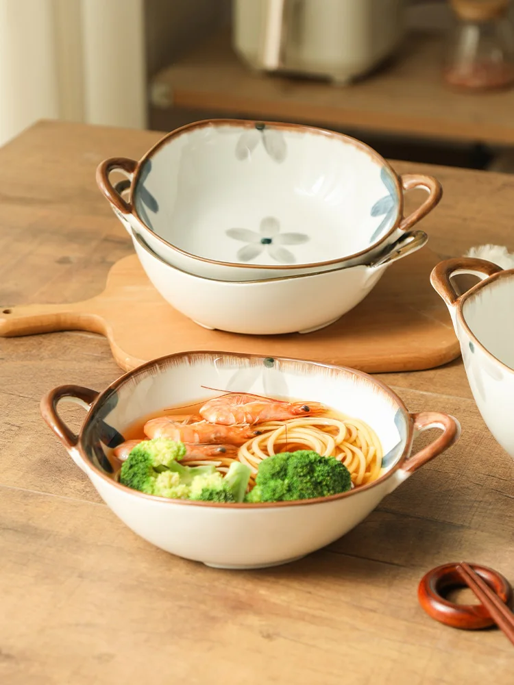 2022 New Japanese Style Binaural Bowl Household  Noodle Ramen Ceramic Large Soup Pot Salad Fruit Household Decoration Accessory
