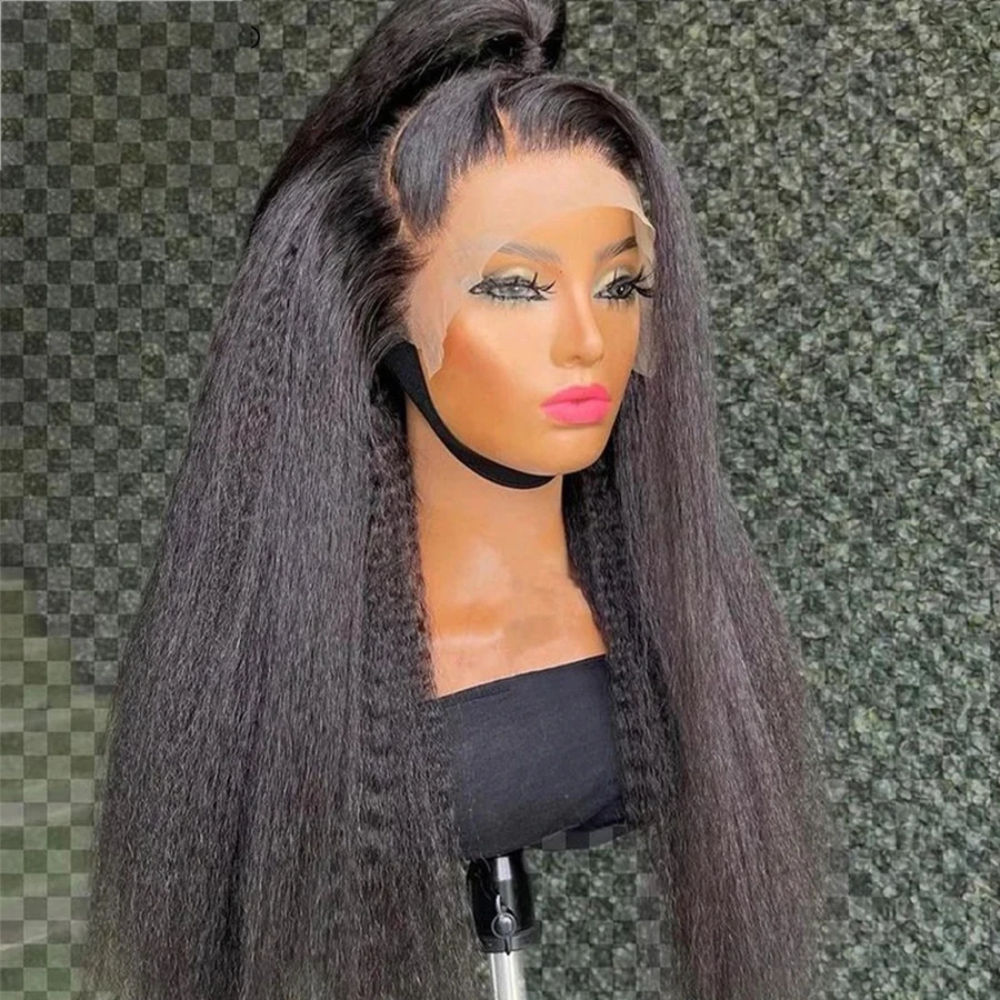 

Natural Long 28 inch Soft Black Yaki Kinky Straight Hair Wig For Women Natural Hairline Kinky Straight Wig With Afro Baby Hair
