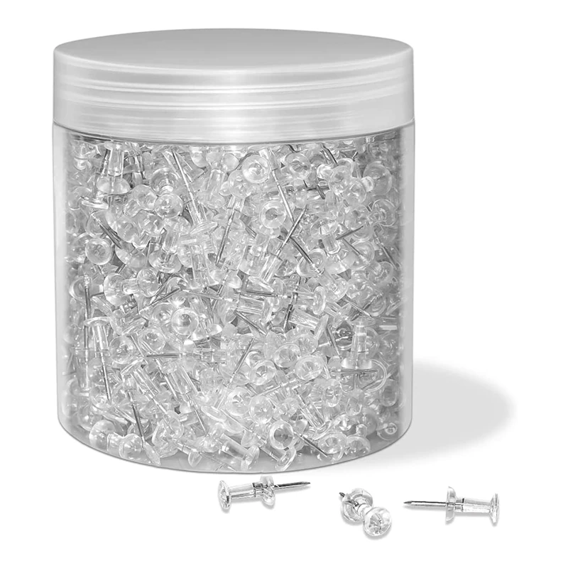 

Push Pins Tacks 1000 Count In Reusable Box, Standard Clear Thumb Tacks Steel Point And Clear Plastic Head