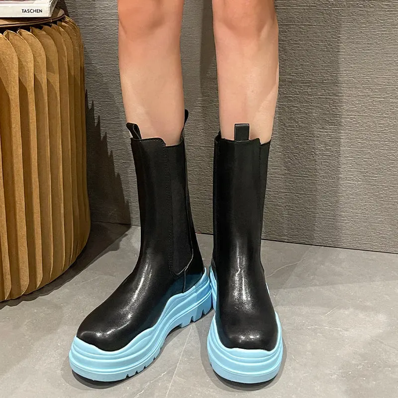 

Winter New Goth Platform Flats Women Shoes Mid Calf Gladiator Boots Chunky Fashion Casual Round Toe Mujer Zapatillas 2022