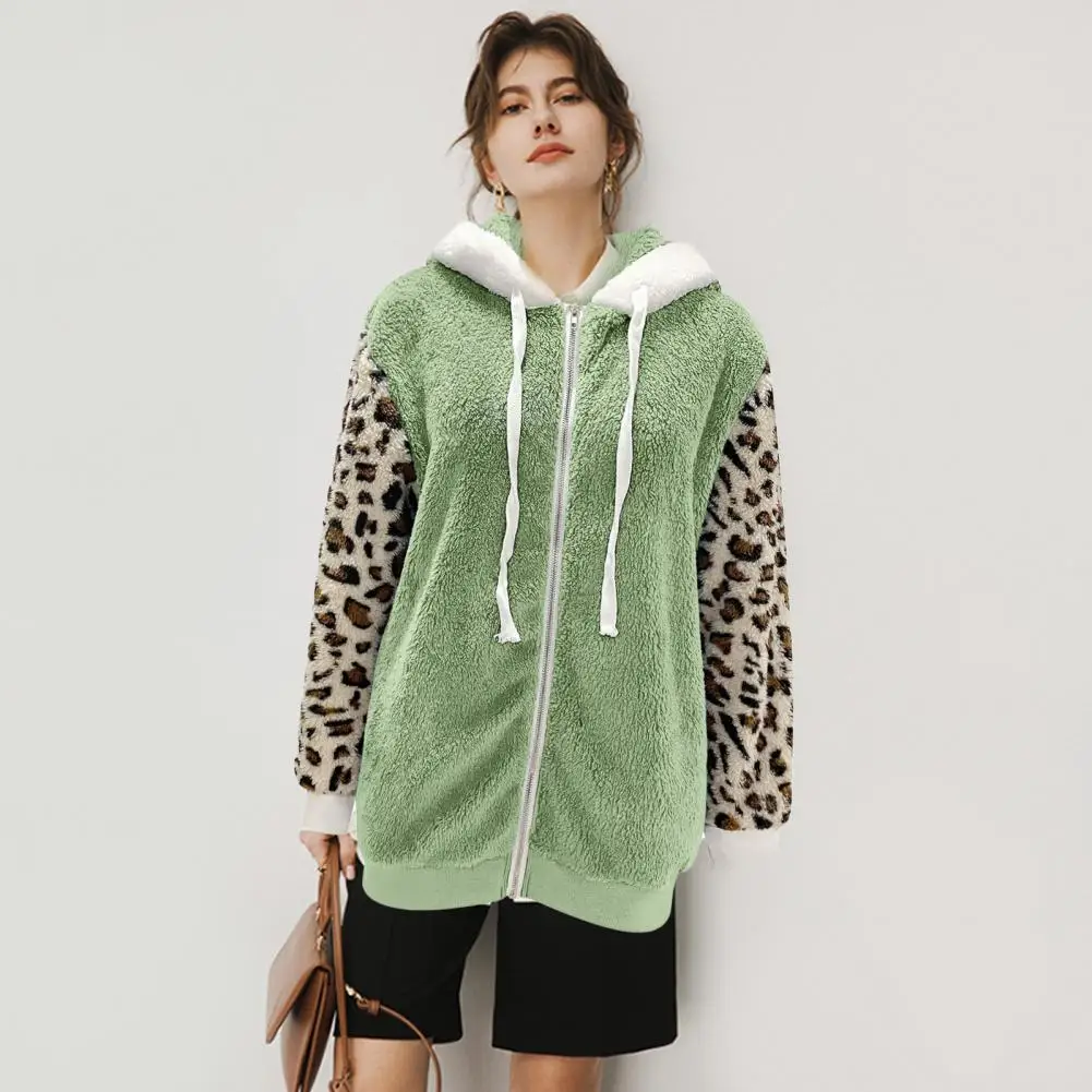 

Hooded Long Sleeve Drawstring Zipper Placket Women Coat Women Autumn Winter Leopard Print Patchwork Plush Jacket Daily Clothing