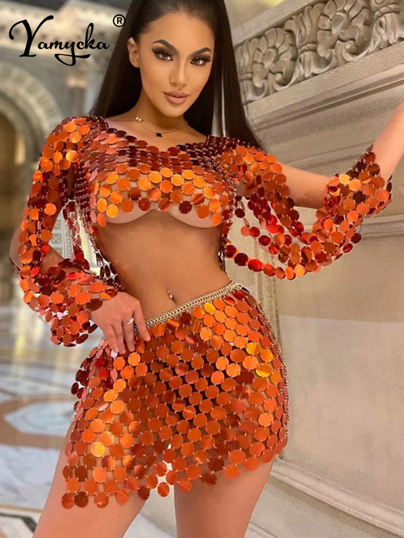 

Sexy see through metal sequin mini summer dress women backless shiny beach club birthday party dress set evening dresses vestido