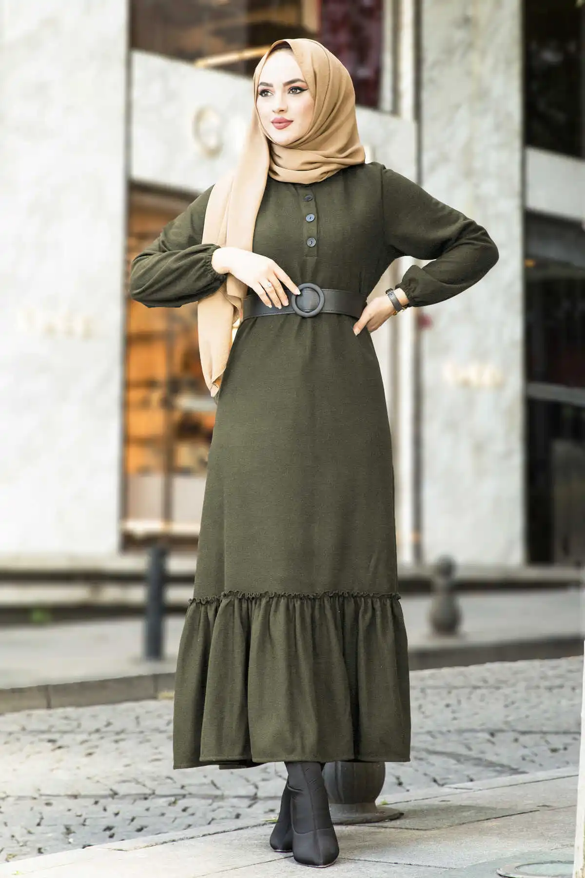 Frilly Knitwear Dress-Khaki