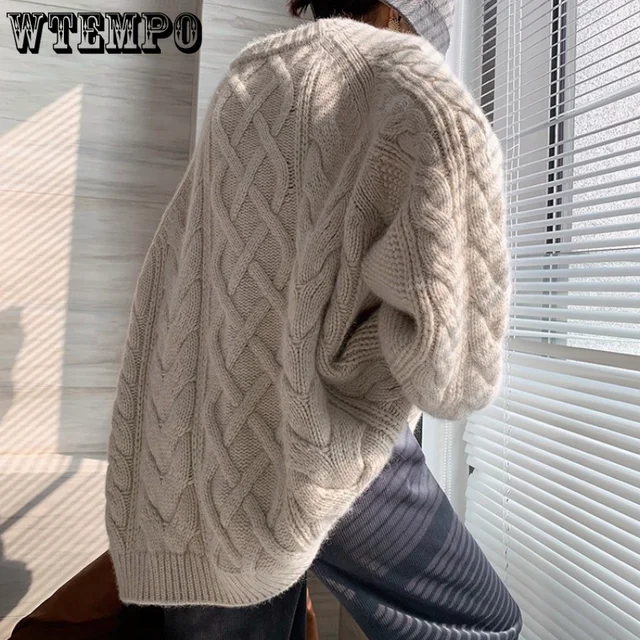 WTEMPO Long Sleeve Vintage Twist Knitted Sweater Women Purple Red Knitwear Loose Pullover Jumper Female Clothing Winter New 2