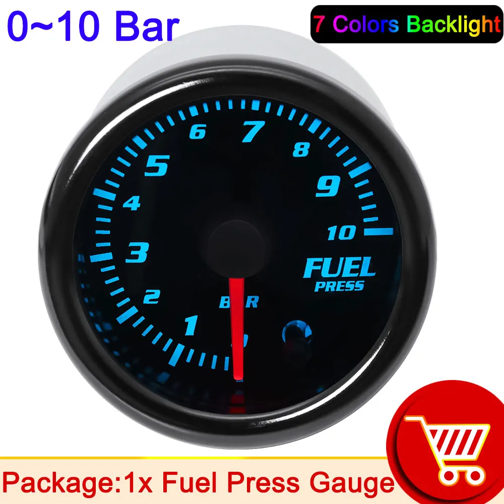 

7 цветов, подсветка 52 мм, топливный пресс, манометр, 0 ~ 10 бар, 12 В, автомобильный масляный пресс, измеритель, с датчиком давления топлива, автомобильные запчасти, аксессуары