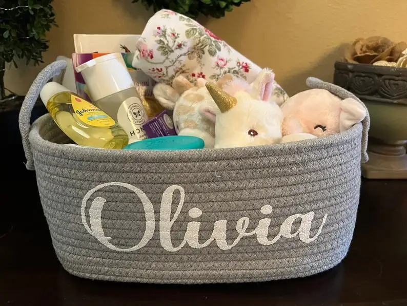 

Custom Baby Basket Personalized Baby Shower Gift Diaper Holder Pet Toys Storage Gray Navy Blue Cute for A Girl or Boy