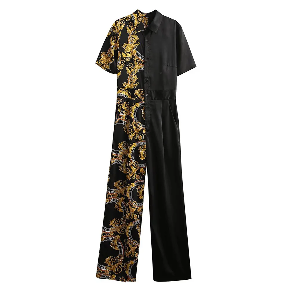 

URMASZA2022 Female clothing New Fashion printing short sleeve jumpsuit women single-breasted lapels jumpsuits women 2022