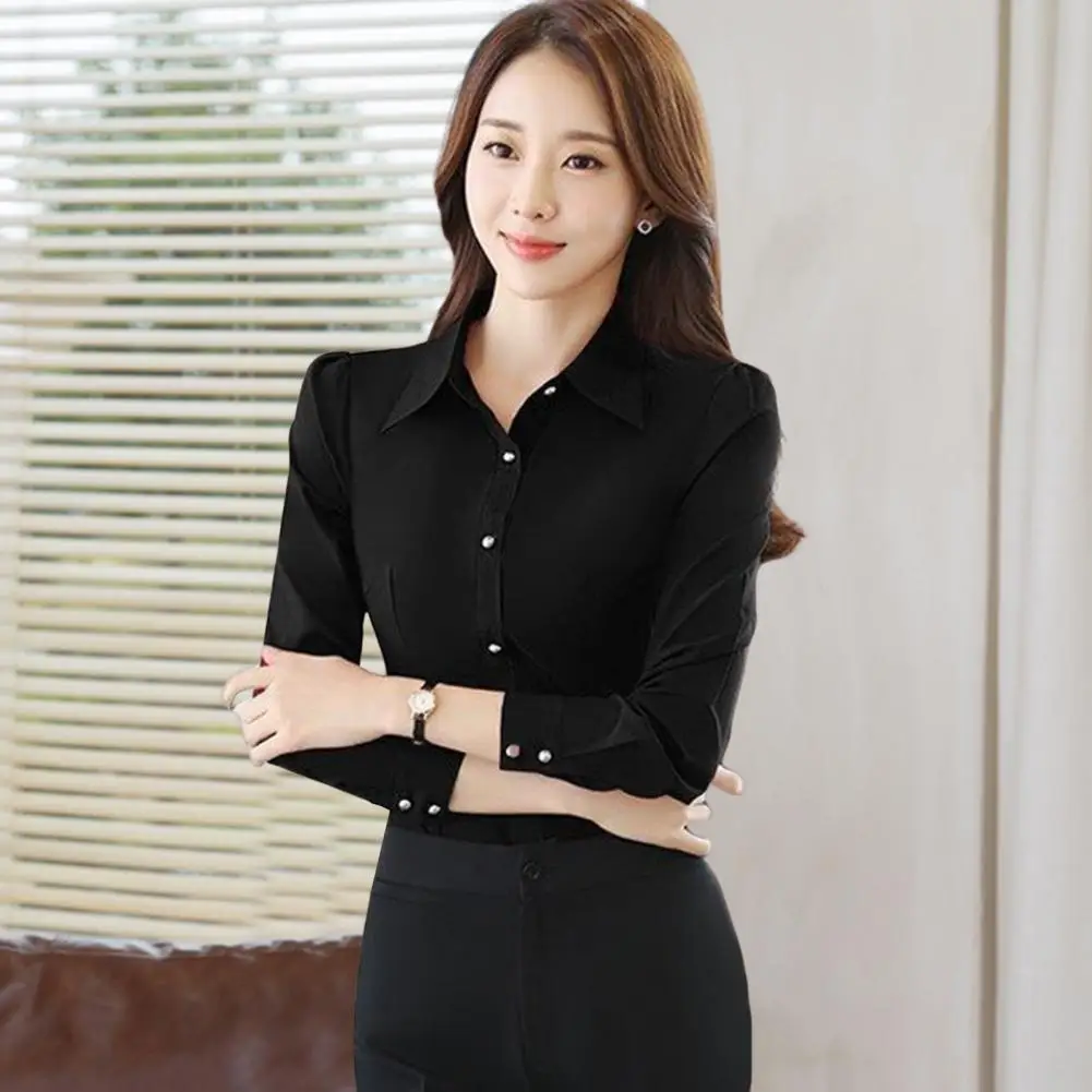 

Commute Women Shirt Slim Fit Dignified Enhance Beauty Image Polyester Solid Color Long Sleeve Formal Shirt For Workplace