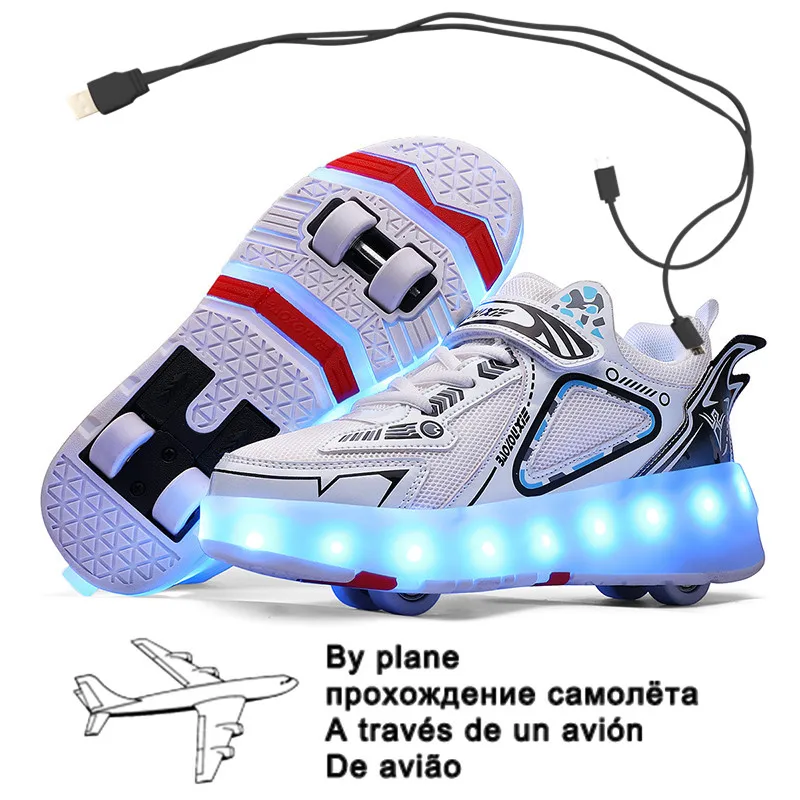 Kids USB Charging Black Four Wheels Luminous Sneakers Led Light Roller Skate Shoes for Children Led Shoes Boys Girls Shoes 29-43