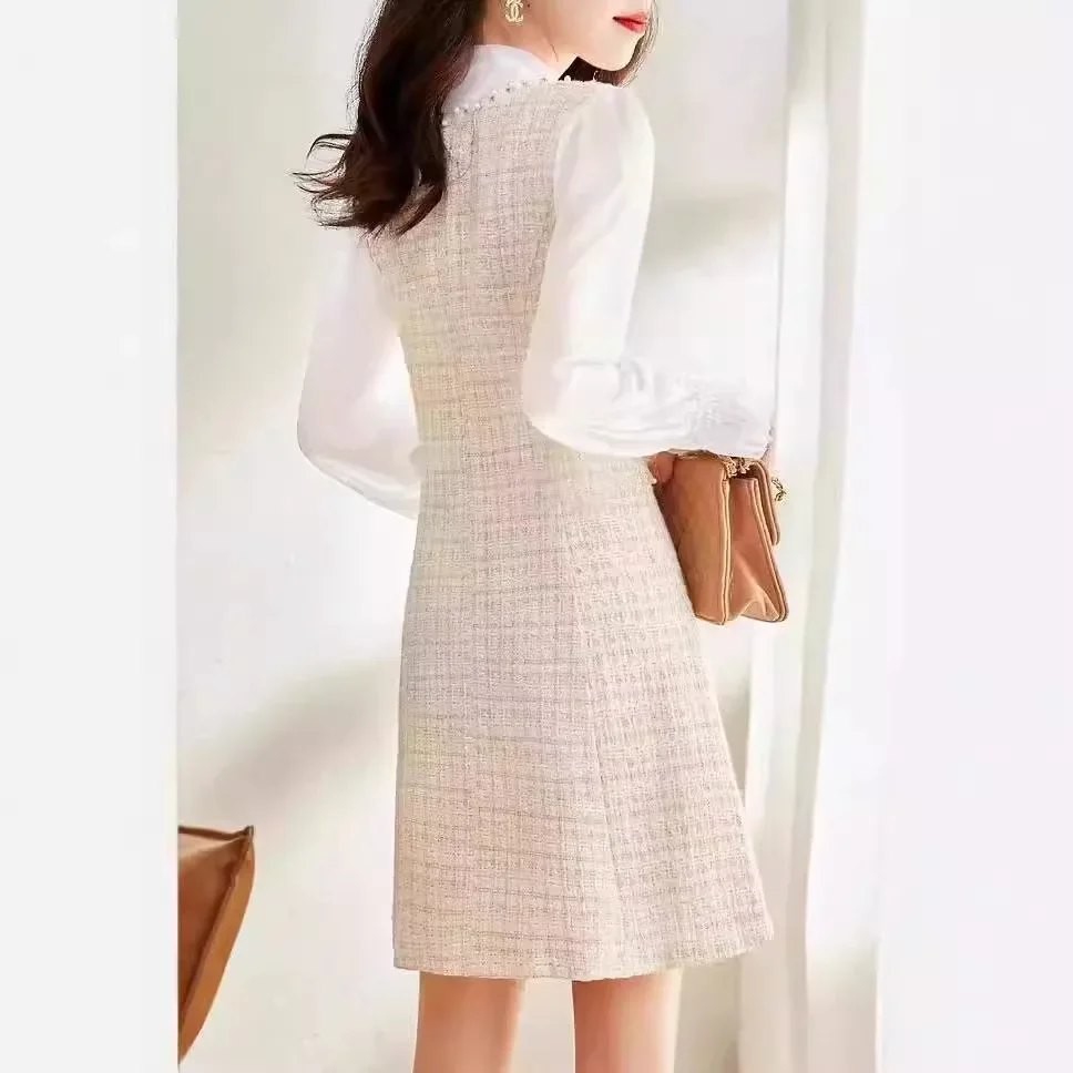 Женское твидовое платье с рукавами-фонариками элегантное модное универсальное