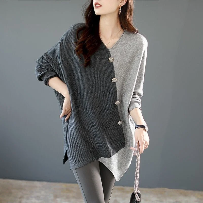 

TPJB Fashion Women's V-neck Knitted Long Sweater Luxury Asymmetric Top Women's Trend Solid Color Splice Simple Wild T-shirt
