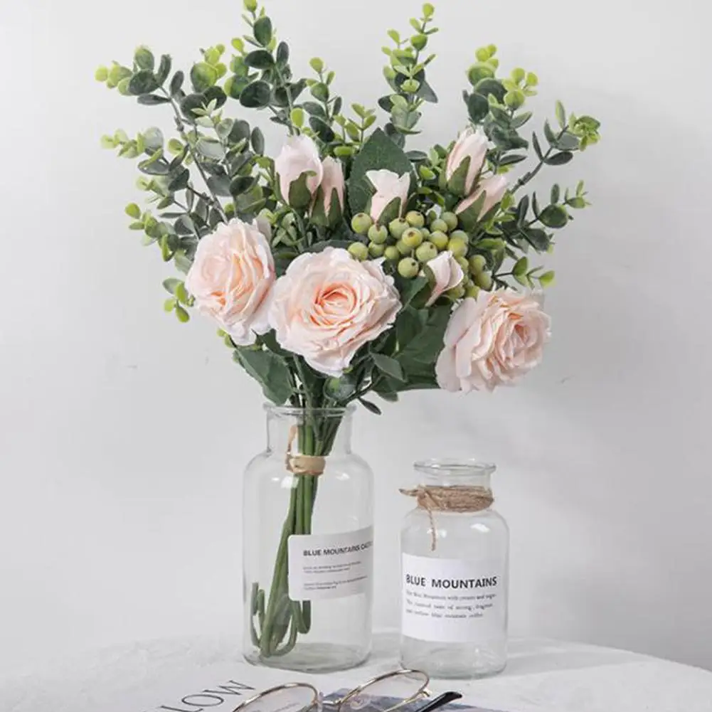 

Artificial Bouquet Bendable Uv Resistant Rose Fake Plants Eucalyptus Leaves For Home Wedding Decoration